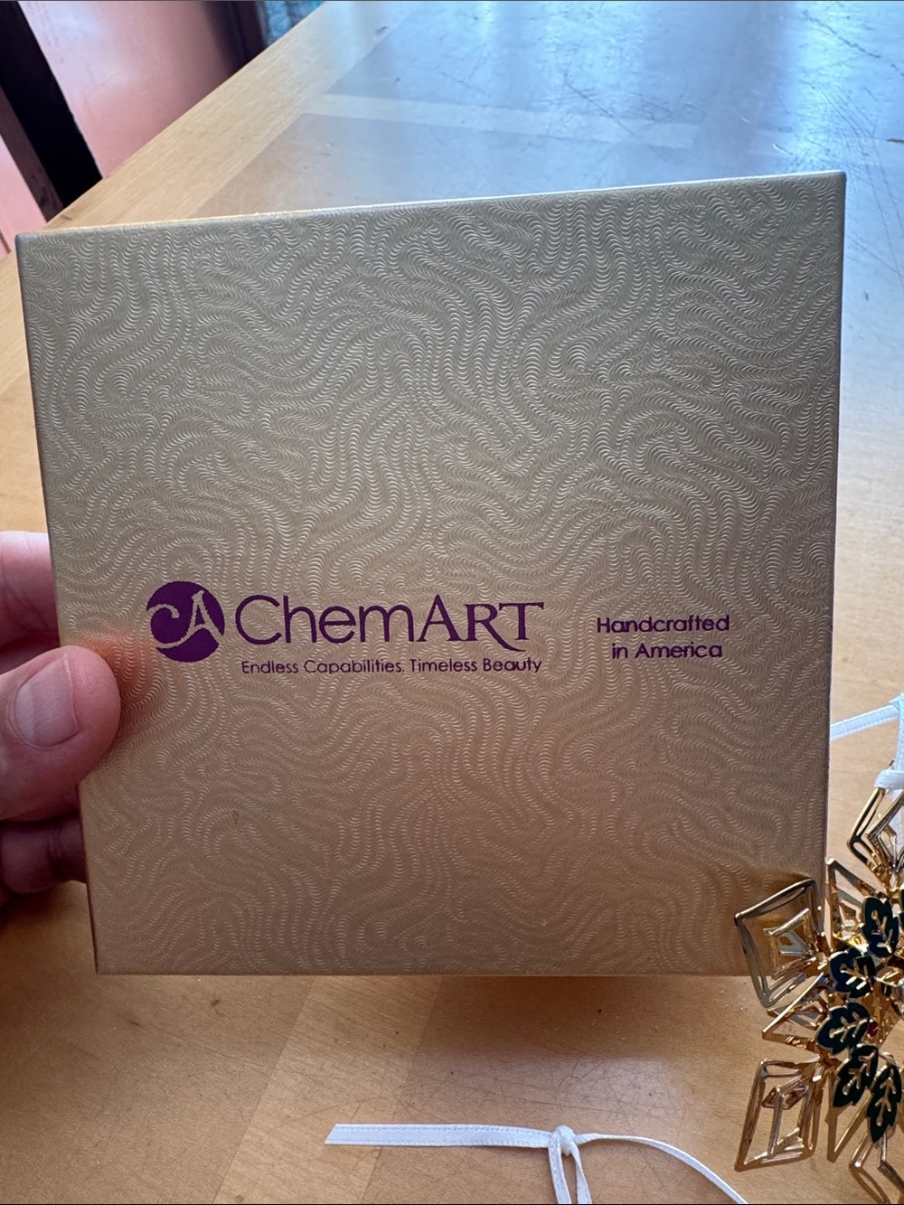 2 gold-finished decorative metal snowflake or floral ornaments made by ChemArt - Picture 2 of 15